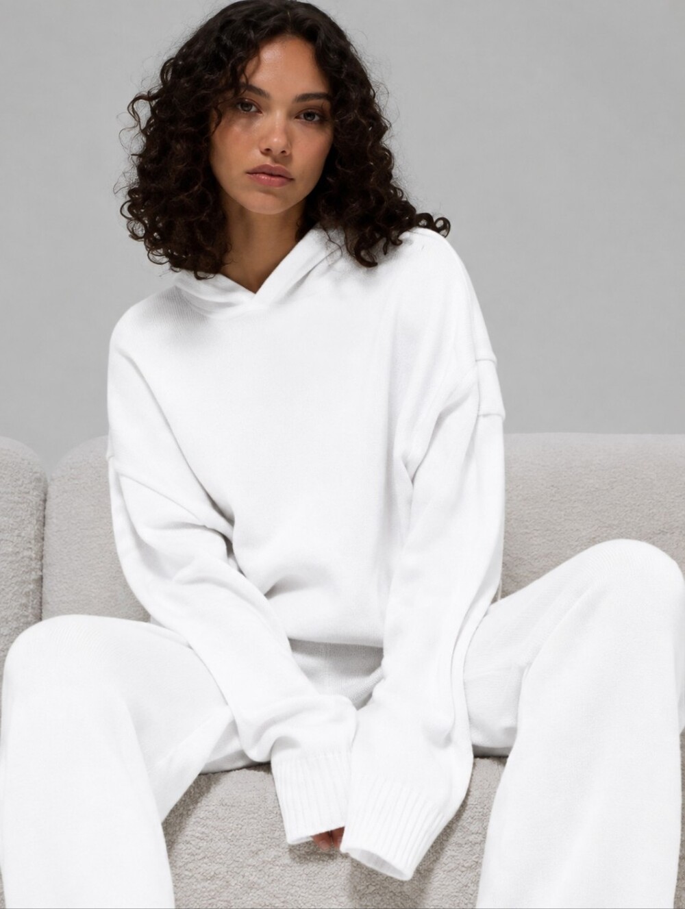 ALO Yoga Scholar 2pc SET Knit Hi Waist Straight Leg Pant & Hoodie Ivory MED S